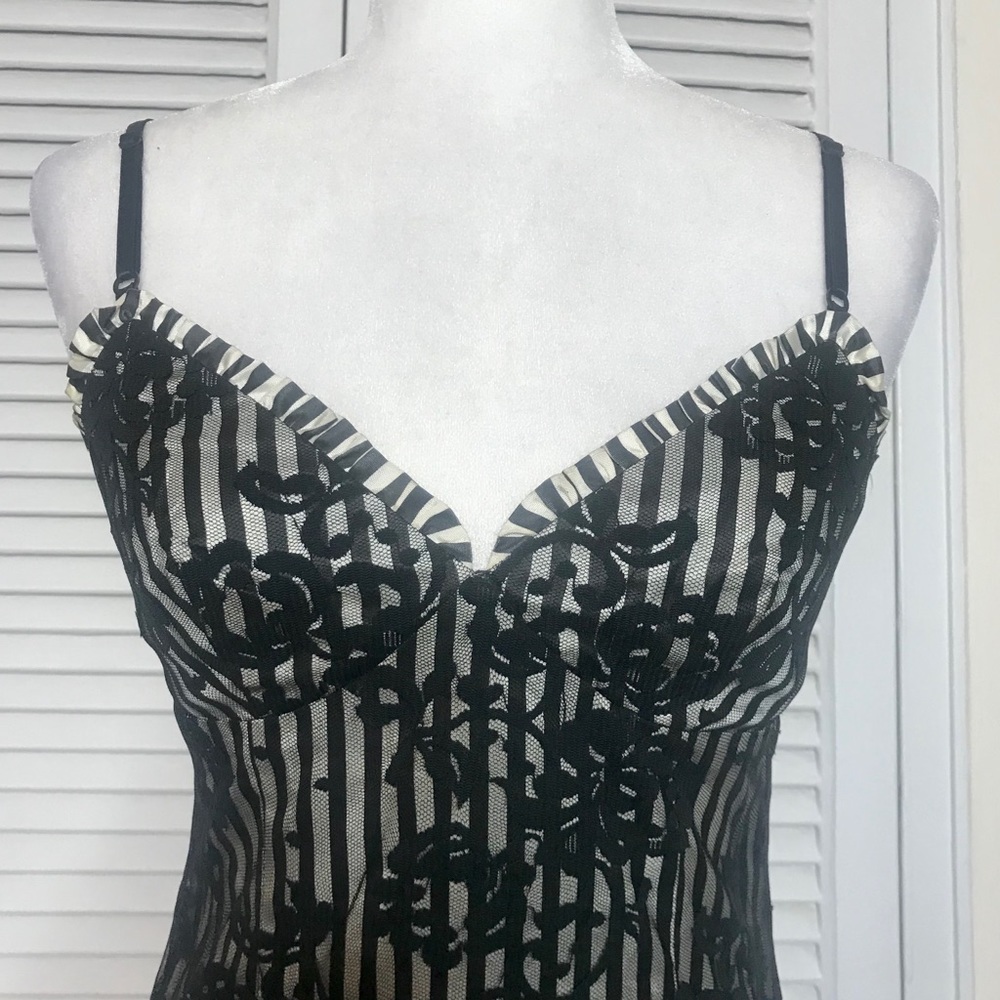 Vintage Black & White Stripe Dress w/ Black Lace - Picture 2 of 5